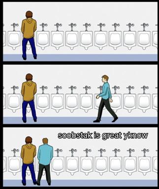 Three-panel meme on bathroom proximity and substack. Man stands alone at urinals; another man walks toward him; they end up side-by-side as the second says "soobstak is great yknow."