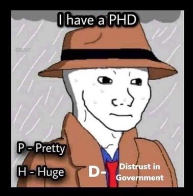 A hat-wearing stick-figure character labels their PhD acronym (P=Pretty, H=Huge, D=Distrust in Government)—academic self-deprecation.