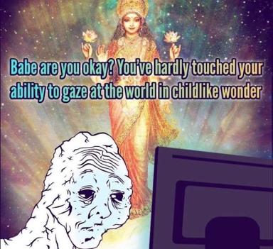A bewildered digital-age consciousness laments the loss of childhood wonder to screen time, invoking a deity amid cosmic pastels.