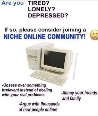 Satirical pitch for joining niche online communities — a retro computer paired with ironic bullet points about obsession, conflict, and avoidance