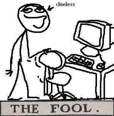 Stick-figure ASCII meme: a confident clueless figure oversees two novices at a retro computer. "The Fool" — tech incompetence as authority.