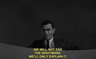 Noir protagonist vows to prolong the nightmare and merely explain it instead of ending it — a visual joke on writers' tendency toward endless analysis over resolution.