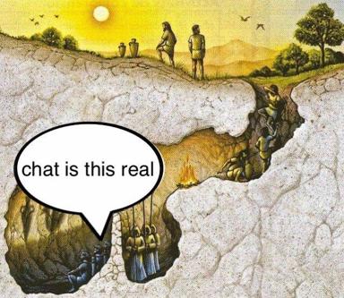 A surrealist geological cross-section where figures stand atop soil layers while a vast cavern below contains discordant elements — organ pipes, deep water — with a speech bubble asking "chat is this real"