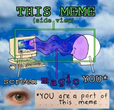A digital meme in the "side view" format showing screen-mediated telepathy or connection between two figures—one at an old computer, one receiving waves to the head. Neon green and purple neon glow aesthetics on blue sky background; the final text breaks the fourth wall: "you are a part of this meme."
