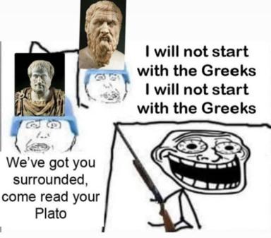 Ancient Greek philosophers engage in a recursive pact of non-engagement with classical wojak meme logic