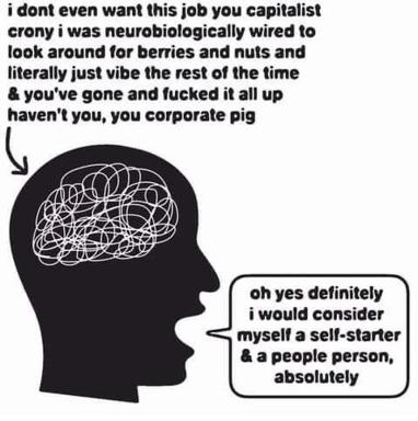 Millennial brain-mode meme: a neurodivergent crow defends its foraging nature against capitalist hustle culture, confidently reframing avoidance as entrepreneurship.