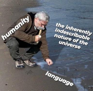 An older man crouches at the water's edge, pointing earnestly into a tide pool—a visual metaphor for humanity's attempt to grasp the indescribable through language.