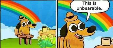 A cheerful cartoon dog finds a pot of gold at the end of a rainbow, then declares the experience "unbearable" — a deadpan subversion of childhood fantasy.