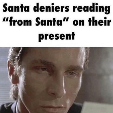 Santa reads a note claiming the gift is from Santa, a self-referential absurdist joke about the logical contradiction.
