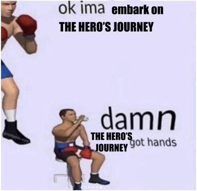 The hero's journey, reimagined as a brutal boxing match. Two panels, one deflated metaphor.
