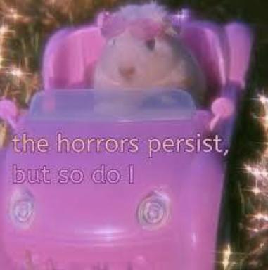 A wide-eyed cartoon character glows inside a magenta box, backlit by dreamlike bokeh lights, paired with text about persistent horrors and resilience.