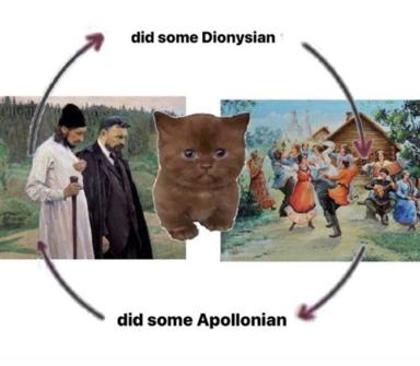 Nietzschean cycle: contemplative Apollinian order swings to ecstatic Dionysian chaos, mediated by an unimpressed cat.