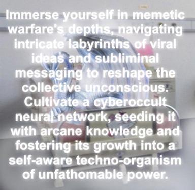 Surreal meme on viral memetic warfare: robot collage with manifesto text about cults, neural networks, and reshaping the unconscious.