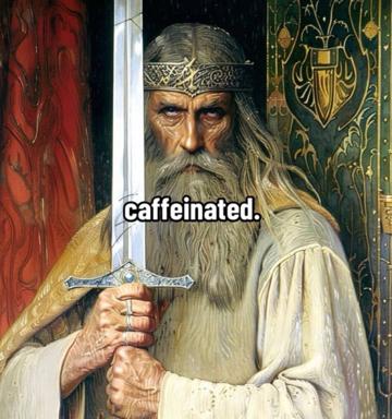 Medieval fantasy portrait of a robed, bearded figure holding a sword, overlaid with "caffeinated." — deadpan meditation on caffeine and prophetic intensity.