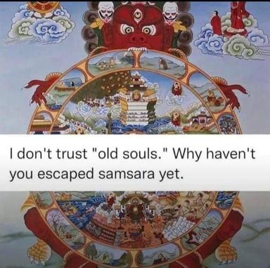 Buddhist cosmology diagram (Wheel of Life) overlaid with text mocking spiritual elitism and the concept of samsara.