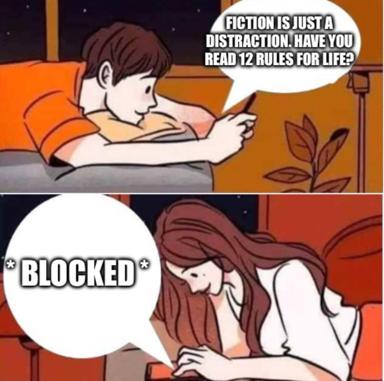 Fiction reader confronted with self-help prescription; responds with immediate mental blockade — the meme ironizes both the dismissal of fiction and the aggressive certainty of self-improvement ideology.