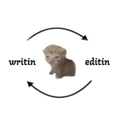 Fuzzy cat at the center of an endless writing–editing loop, resigned to its existential fate.