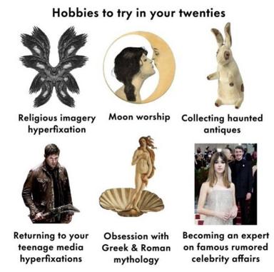 A six-panel meme cataloguing niche obsessions and hyperfixations common to internet culture, paired with surreal and classical imagery.