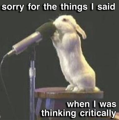 A contemplative white rabbit apologizes into a microphone for things it said while thinking critically — deadpan absurdist humor on intrusive thoughts.