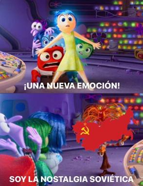Two-panel *Inside Out* meme: the emotions discover a new feeling—Soviet nostalgia—and collectively freak out.