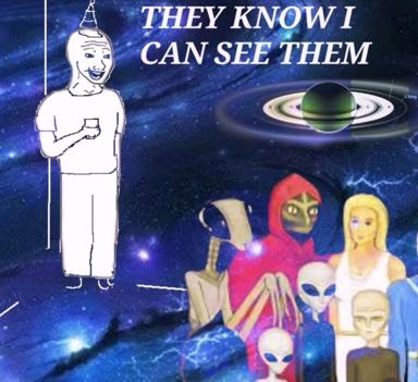 A cheerful figure drinks while casually observing a portal to cosmic entities and otherworldly beings—a joke about seeing things others can't.