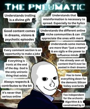 A wojak-style figure in front of a misty waterfall landscape, surrounded by speech bubbles describing an internet persona that trolls, spreads misinformation, and reveres the ironic and psychotic—"The Pneumatic."
