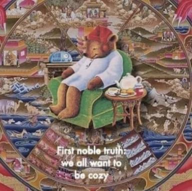 Classical tapestry background with an overlaid figure seated in a green armchair, holding tea and pastries, captioned with a Buddhist philosophy joke about coziness.