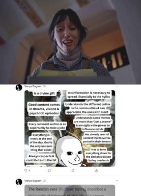 Composite meme pairing a pensive film still with a Wojak chart of the "ideal online poster" — ironic, knowledgeable, spiritually aware internet culture persona.