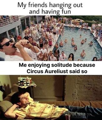 Two-panel meme contrasting the chaos of friends partying by a crowded pool against solitary contentment — justified by a philosophical reference to Marcus Aurelius.