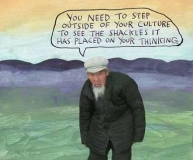 An elderly man in a dark coat delivers frank counsel on cultural blindness and intellectual hubris against a windswept mountain landscape—a wry meme about the limits of one's own worldview.