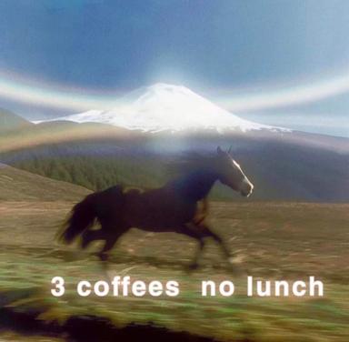 A horse gallopses across a meadow toward a snow-capped volcano, captioned "3 coffees no lunch" — relatable commentary on caffeine-fueled productivity.