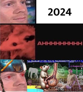 A three-panel "year of suffering" meme collapsing into maximalist visual chaos—2024 misery escalating from a pained expression into a literal scream, then exploding into a densely layered collage of game glitches, anatomical horror, meme formats, and CRT static.