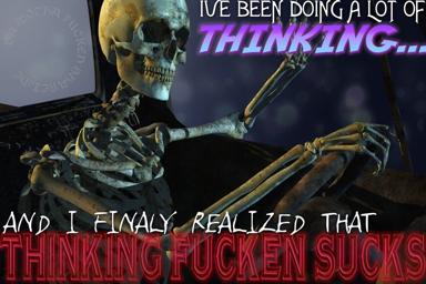 Skeleton at a desk drowning in overthinking, neon-lit existential burnout meme.