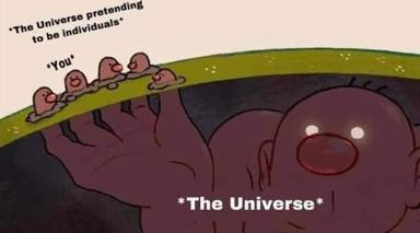 Cosmic indifference wojak: tiny humans labeled "You" stand confidently on a curve while a massive dark universe entity looms below, pretending to see them as individuals.