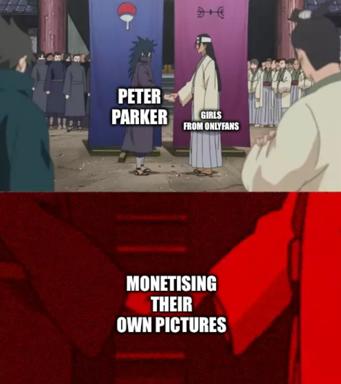 Anime meme conflating Spider-Man's self-photographing hustle with OnlyFans monetization—the joke is he invented the genre.