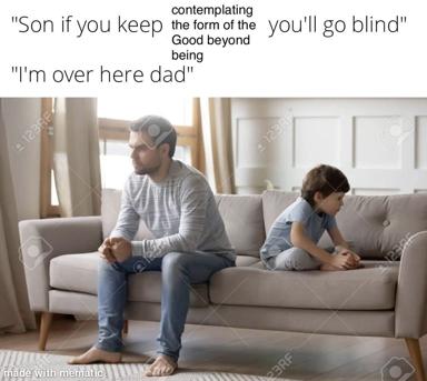 A father ignores meditative advice about self-restraint while his son sits nearby on a couch, exemplifying tired parental deflection through a philosophical pun.