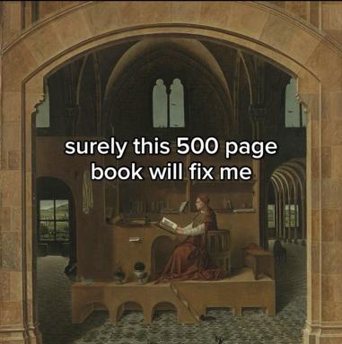 Medieval scholar in his study, overlaid with millennial text about reading 500-page books as self-help.