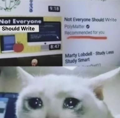 A twee dismissal of writing aspirations—undermined by a cat's withering stare.