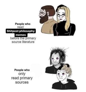 Academic gatekeeping vs. meme philosophy: a two-panel meme comparing the fate of two readers