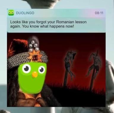 Duolingo owl transforms from app notification into a grim reaper presiding over skeletal figures—a memento mori on language-learning guilt.