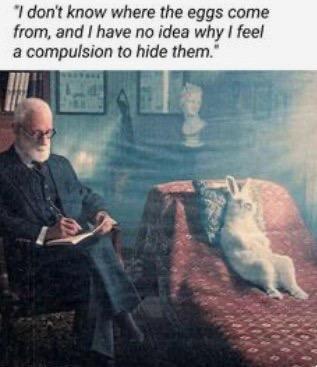 A vintage-toned photograph of an elderly man writing in an ornate chair with a dog beside him, captioned with an absurdist quote about eggs and hiding them—image-macro format exploring irrational compulsion.