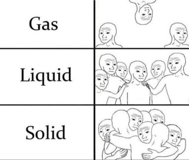 States of matter as human density: figures grow increasingly squeezed together from gas (sparse) through liquid (clustered) to solid (packed).