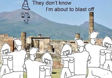 Minimalist drawn figures obliviously overlaid on Pompeii's ruins as Vesuvius looms in the background, deadpan joke about impending volcanic catastrophe.