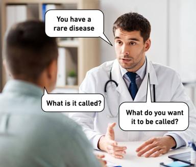 A doctor delivers diagnosis humour: "You have a rare disease" → "What is it called?" → "What do you want it to be called?" — absurdist medical-authority comedy.