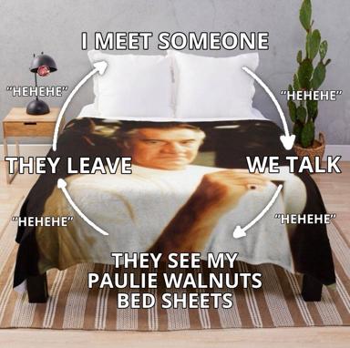 Dating anxiety cycle: person nervous about a guest seeing their Paulie Walnuts Sopranos bed sheets and leaving.