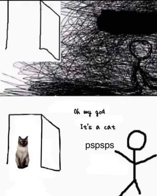 A two-panel meme about the sudden appearance of a cat causing disproportionate panic and existential dread.