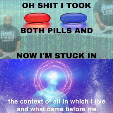 Two-panel meme mashup: top panel riffs on The Matrix red-pill/blue-pill scene; bottom panel pivots to existential dread with a glowing cosmic figure, joking about information overload and entrapment in context.