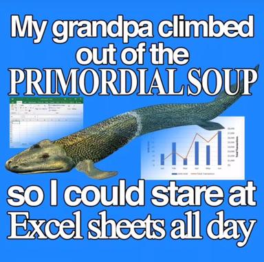 A crocodile bursts through the primordial soup cradling Excel spreadsheets, trading cosmic evolution for spreadsheet obsession—the absurdist modern condition.