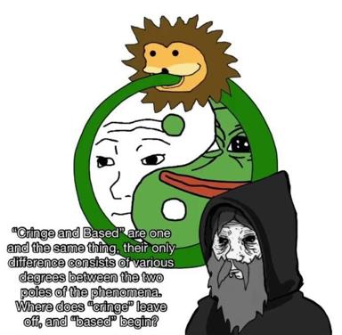 A four-meme philosophical collage: giggling lion, NPC, Pepe, and a bearded wizard contemplate the cringe-based spectrum as a continuous phenomenon.