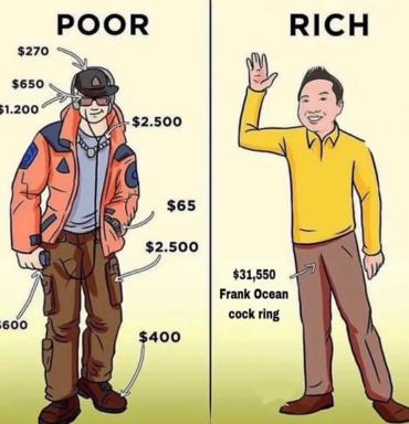 Two-panel wealth-inequality meme: poor man's expensive designer rags itemised vs. rich man's single absurd luxury accessory